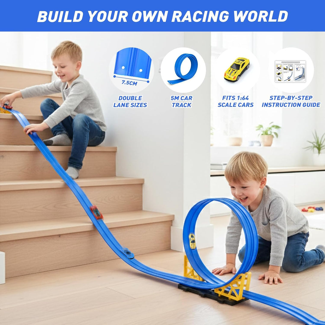 Dreamon Flexible Autorennbahn Kinder 5 Meter Rennbahn Rennstrecke Auto Spielzeug mit 4 Spielzeugauto