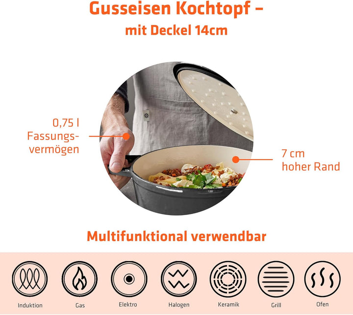 Berndes Serviertopf B.iron 0,75L mit Deckel - 14 cm - Gusseisen mit Emaillebeschichtung - Kochtopf z
