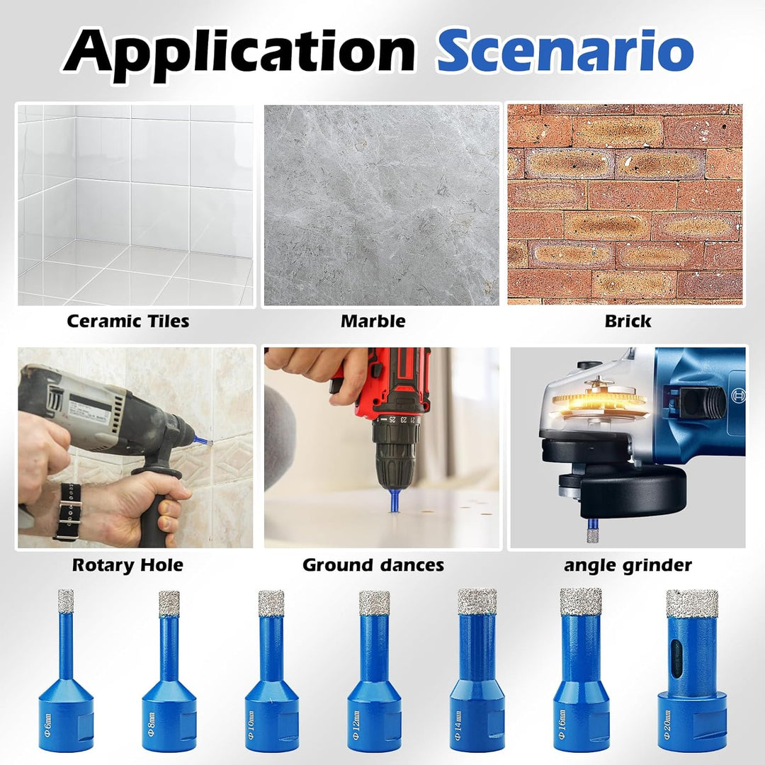 Diamant Fliesenbohrer 7 Stücke, Diamantbohrer Glasbohrer Set Für M14 Winkelschleifer ø 6/8/10/12/14/