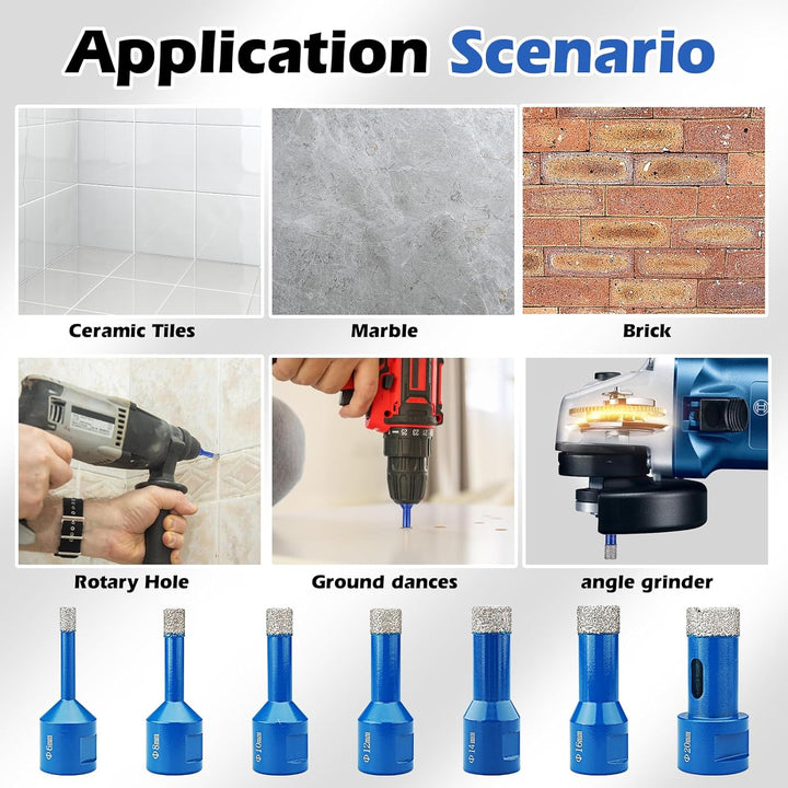 Diamant Fliesenbohrer 7 Stücke, Diamantbohrer Glasbohrer Set Für M14 Winkelschleifer ø 6/8/10/12/14/