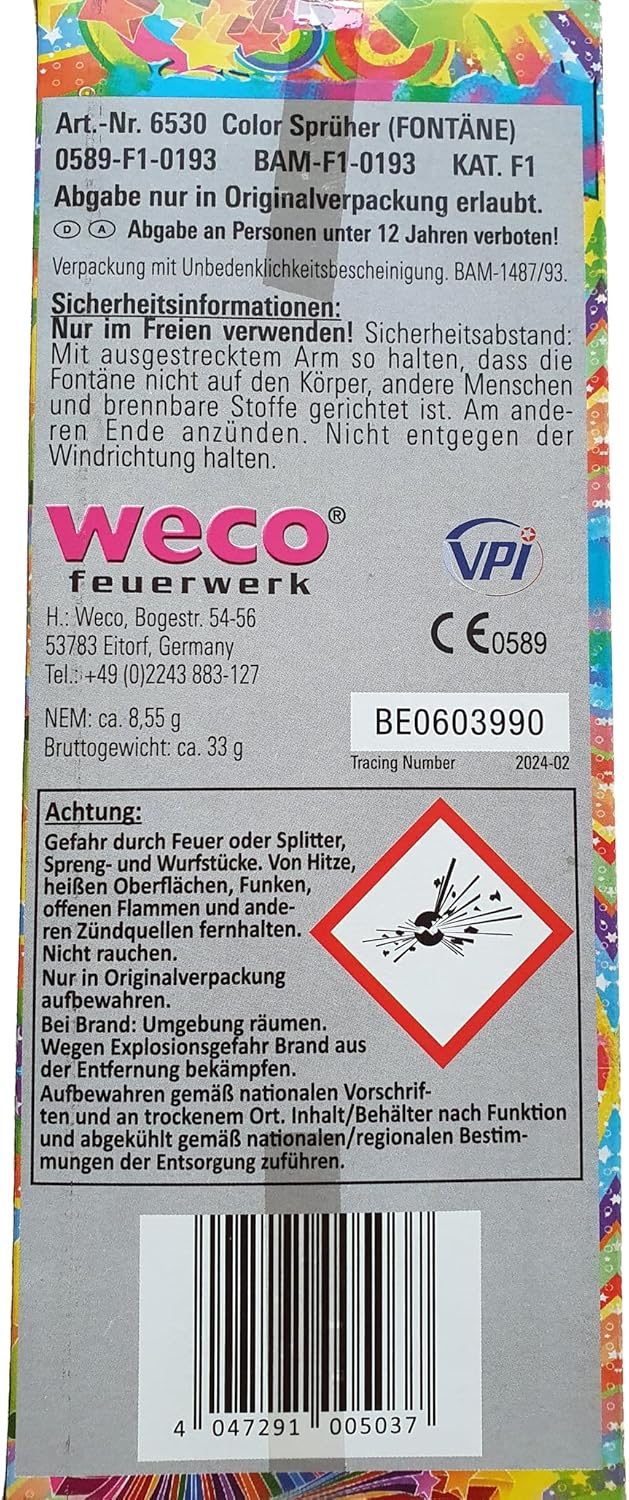 Weco 100 Color Sprüher 20cm - Kinder Fackel - Handfontäne