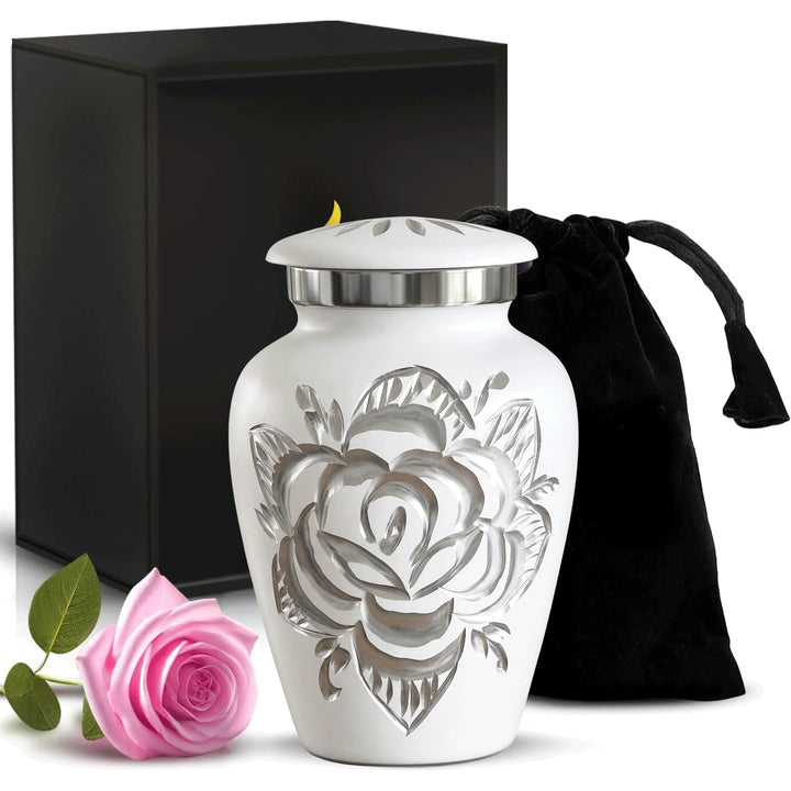 Weisse Rosenurne – Kleine Urne für Asche – Weisse Miniurne mit Premium-Box und Tasche – Weisse Anden
