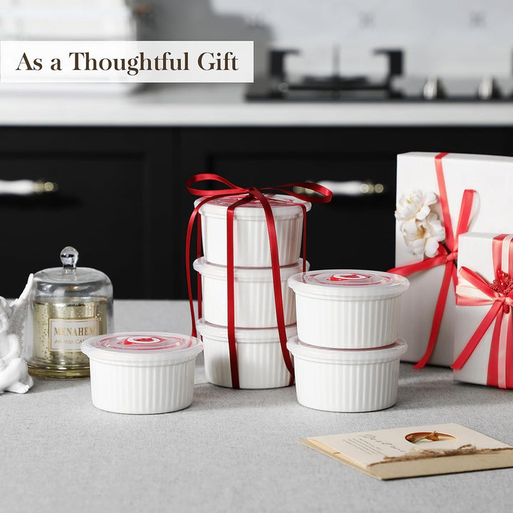MALACASA Creme Brulee Schälchen mit Deckel 6er Set, 240 ml Porzellan Souffle Förmchen Backofenfest,
