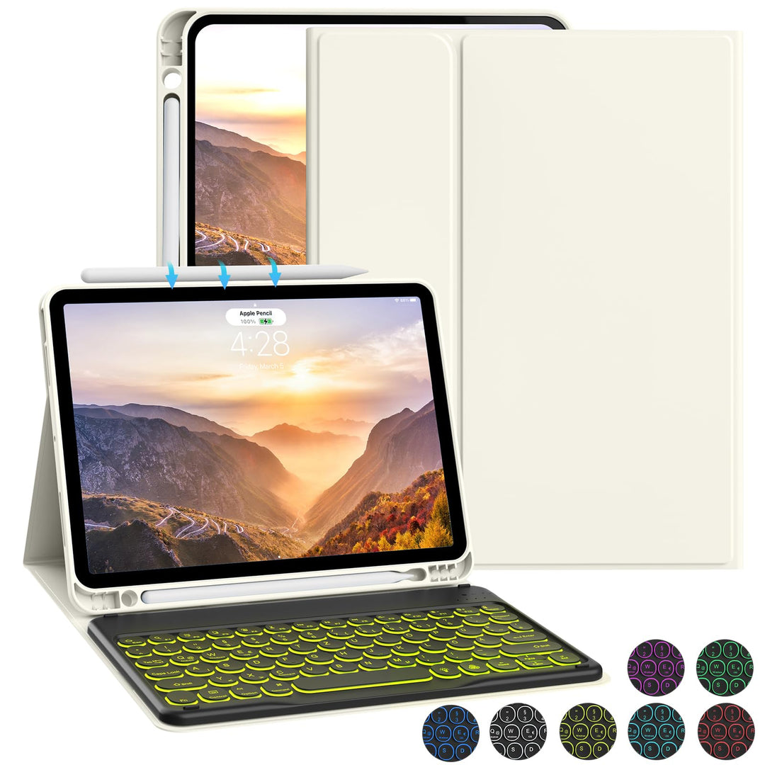Hülle mit Tastatur Kompatibel mit iPad Air 6./ 5./ 4. Generation 11 Zoll M2/10,9 Zoll, 7 Farbige Bel