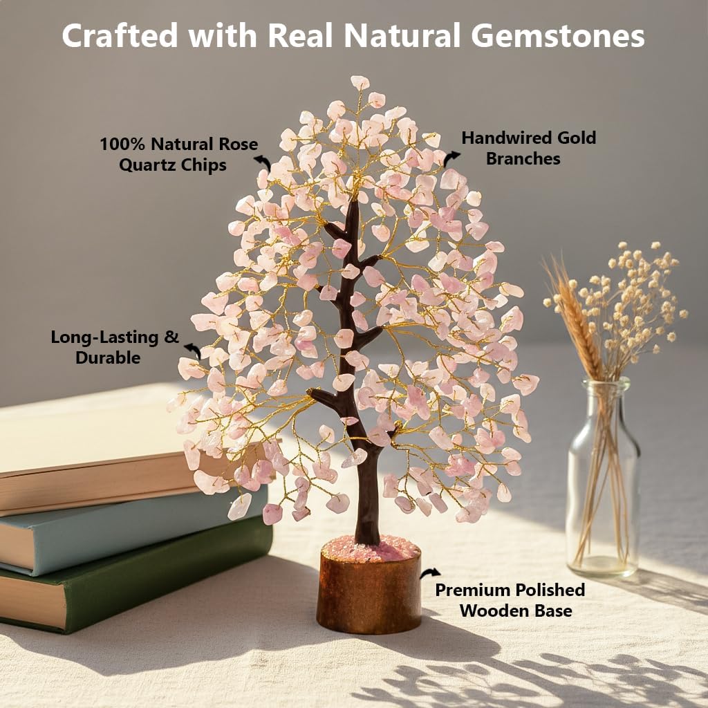 Crocon Rose Quartz Gemstone Tree Feng Shui Figurine Money Bonsai Good Luck Chakra Balancing Reiki He