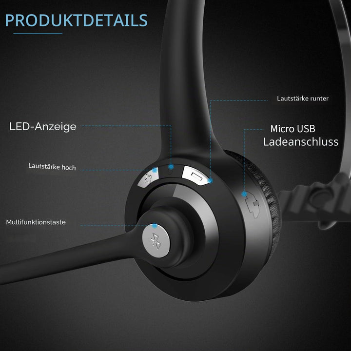 Bluetooth Headset mit Mikrofon, Wireless PC Headset mit Rauschunterdrückung Mic, Kopfhörer Bluetooth