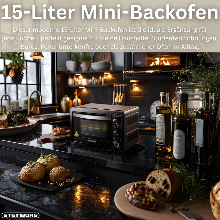 Mini Backofen 15 Liter Pizza-Ofen 3in1 Backofen Minibackofen Miniofen Krümelblech Ober-/Unterhitze E