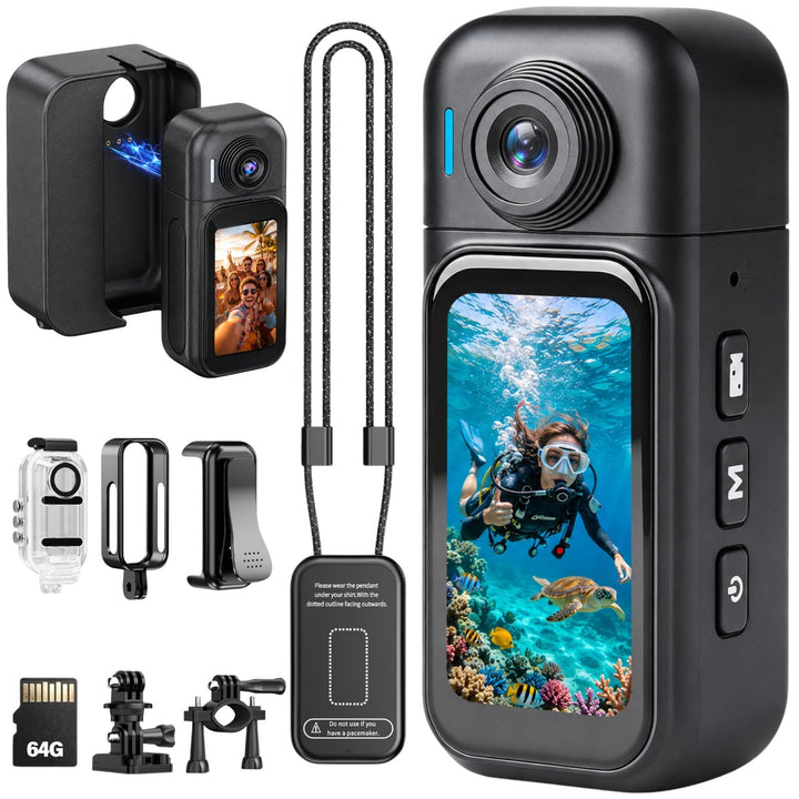 Body Camera with 180° Rotatable Lens and Water-Proof Case for Diving, WiFi Thumb-Sized Action Camera
