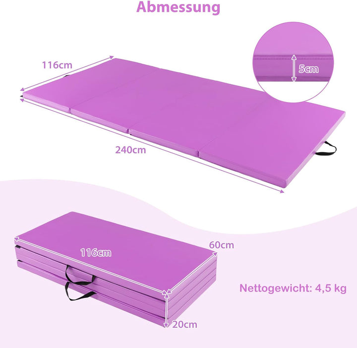 GOPLUS Turnmatte klappbar, 240x116x5cm Weichbodenmatte mit Tragegriffen & Klettverschlüssen, Gymnast