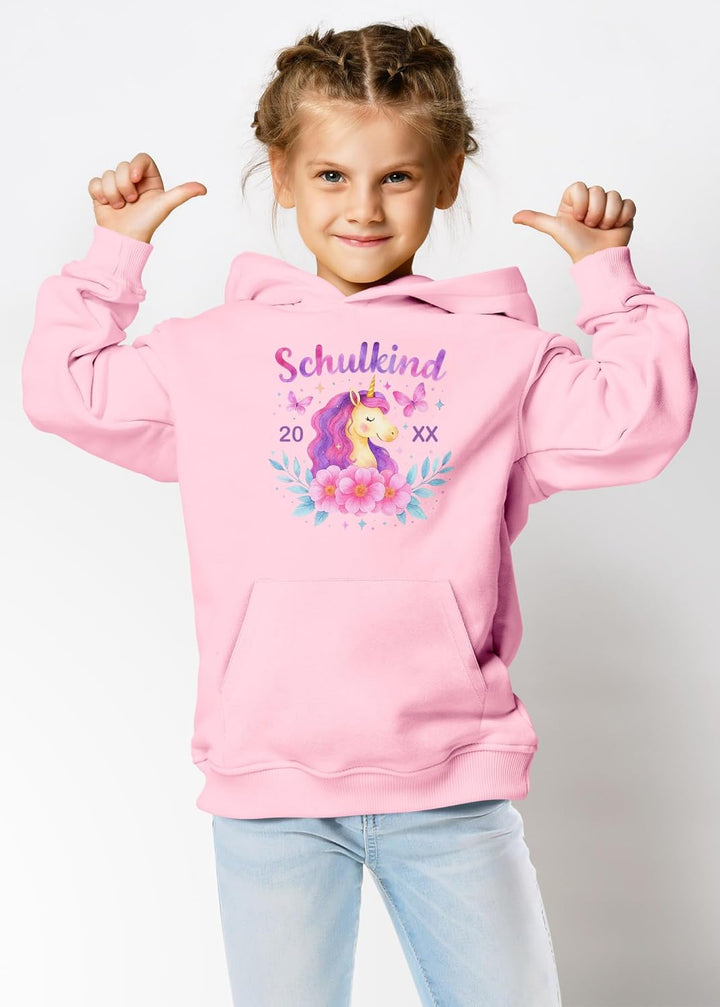 SpecialMe® Kinder Hoodie Mädchen Schulkind 2026 Einhorn Blumen Einschulung Geschenke mit Einschulung