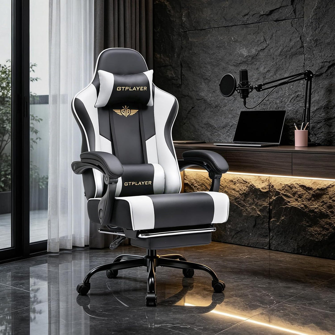 GTPLAYER Gaming Stuhl Chair Gamer Sessel - Ergonomischer Gamer Stuhl mit Fussstütze Kopfstütze und L
