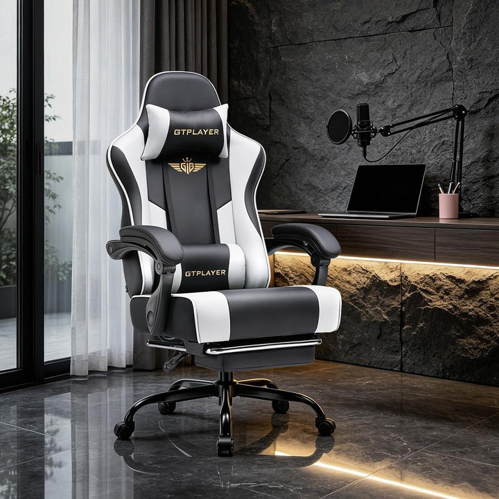 GTPLAYER Gaming Stuhl Chair Gamer Sessel - Ergonomischer Gamer Stuhl mit Fussstütze Kopfstütze und L