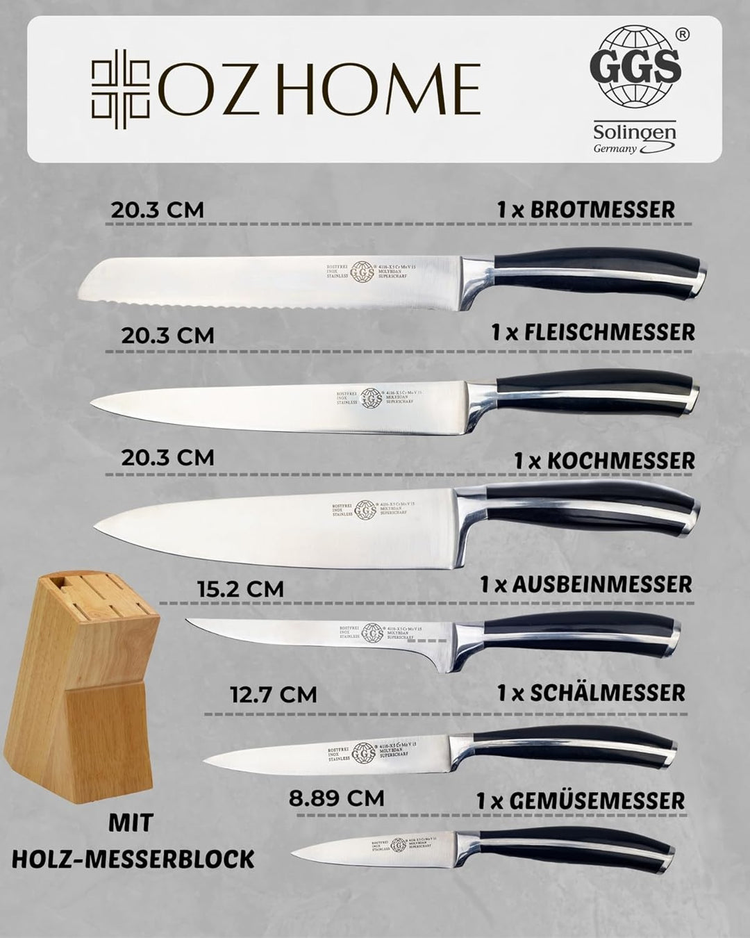 GGS Solingen Küchenmesser Set 7-teilig – Messerset mit Holz-Messerblock, Edelstahl Kochmesser Set ro