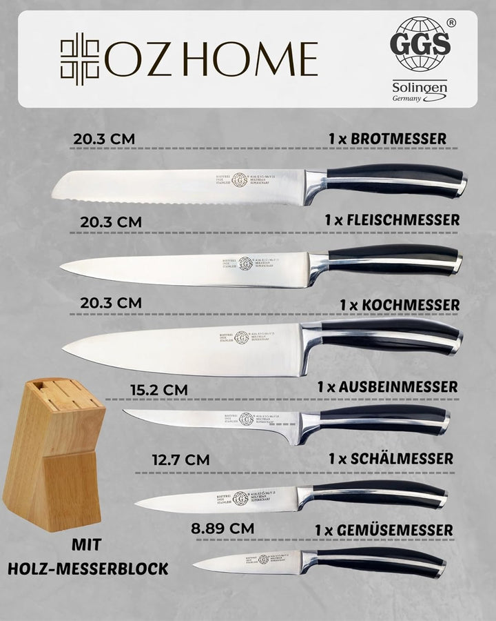 GGS Solingen Küchenmesser Set 7-teilig – Messerset mit Holz-Messerblock, Edelstahl Kochmesser Set ro
