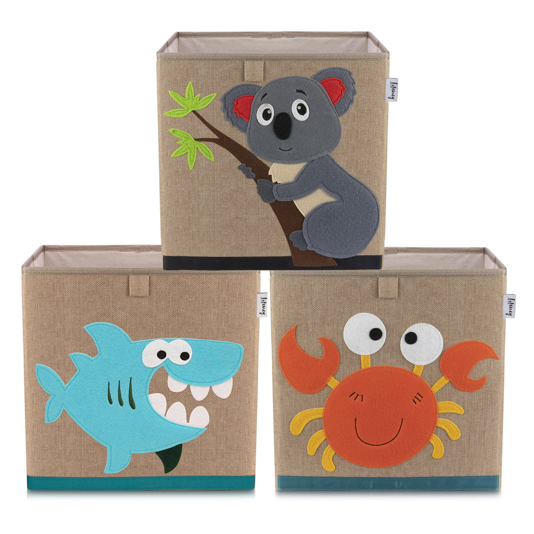 Aufbewahrungsbox im 3er Set Krebs, Hai und Koala I Dreierpack Spielzeugbox mit Tiermotiv passend für