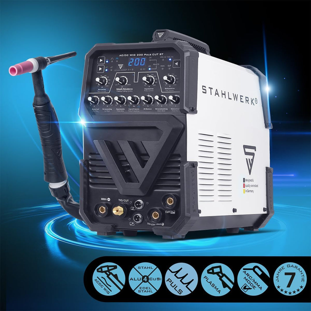 STAHLWERK Schutzgasschweissgerät 3-in-1 AC/DC WIG 200 Puls CUT ST bis 200 A | WIG & MMA, Plasmaschne