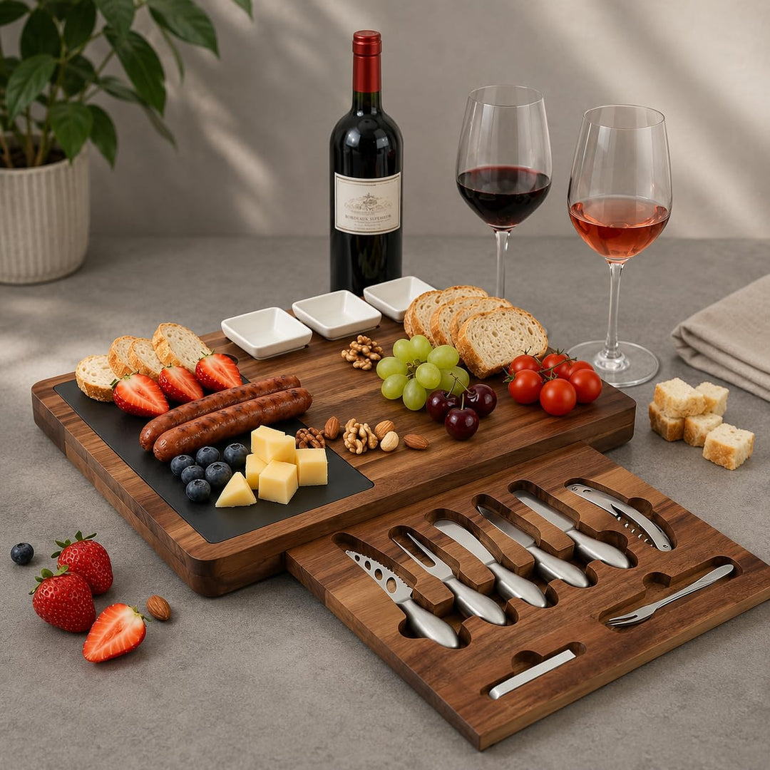 Louis Donné Käsebrett mit Käsewerkzeugen Set, Serviertablett Holz Käseplatte, Charcuterie Käse Brett