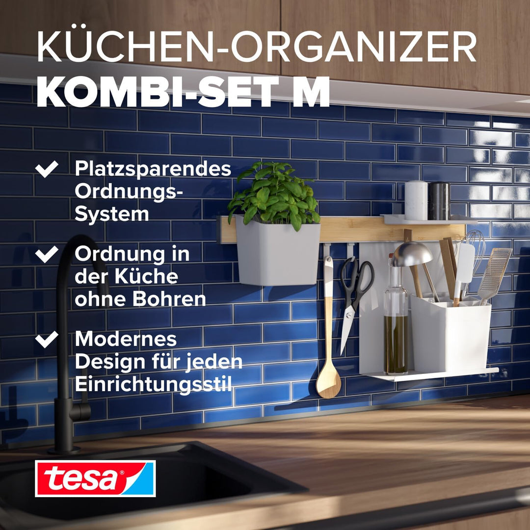 tesa Küchen-Organizer Kombi-Set M - selbstklebende Küchenleiste mit Kräutertopf, 2 Ablagen, Küchenut