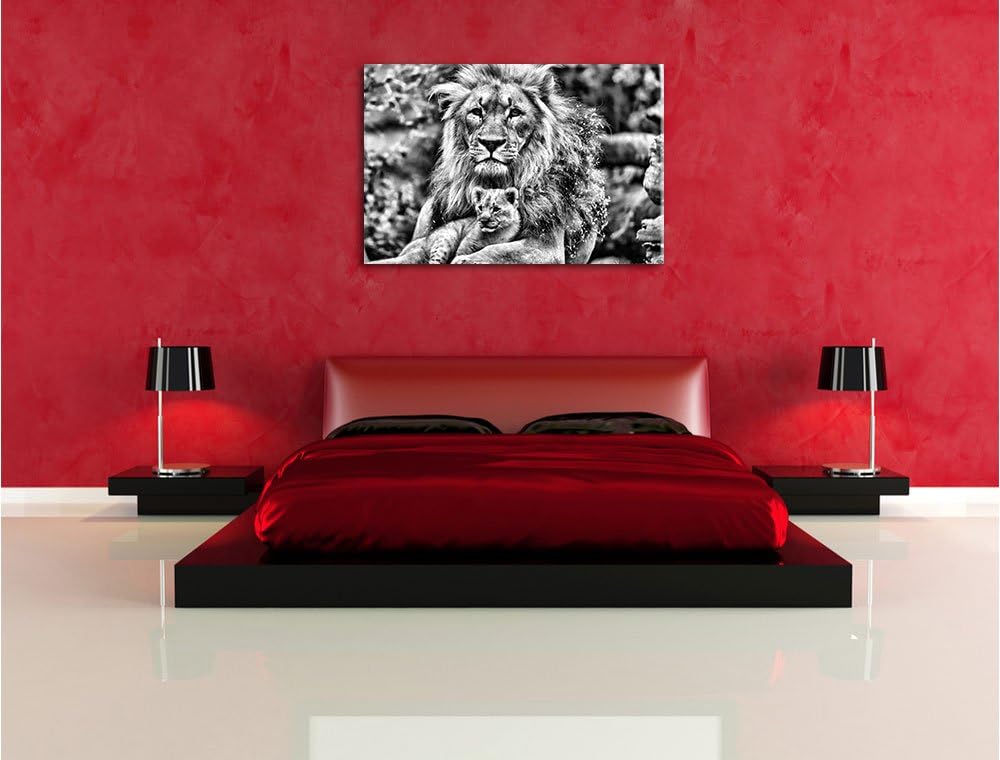 Pixxprint Löwe kuschelt mit Jungtier / 100x70cm Leinwandbild bespannt auf Holzrahmen/Wandbild Kunstd