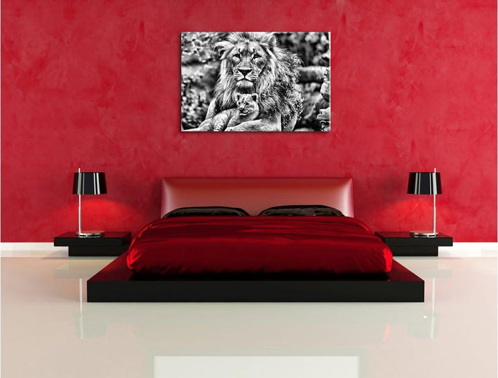 Pixxprint Löwe kuschelt mit Jungtier / 100x70cm Leinwandbild bespannt auf Holzrahmen/Wandbild Kunstd