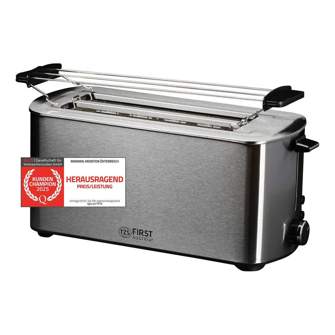 TZS First Austria Toaster Langschlitz, Edelstahl, 4 Scheiben, 1400W, mit abnehmbarem Brötchenaufsatz