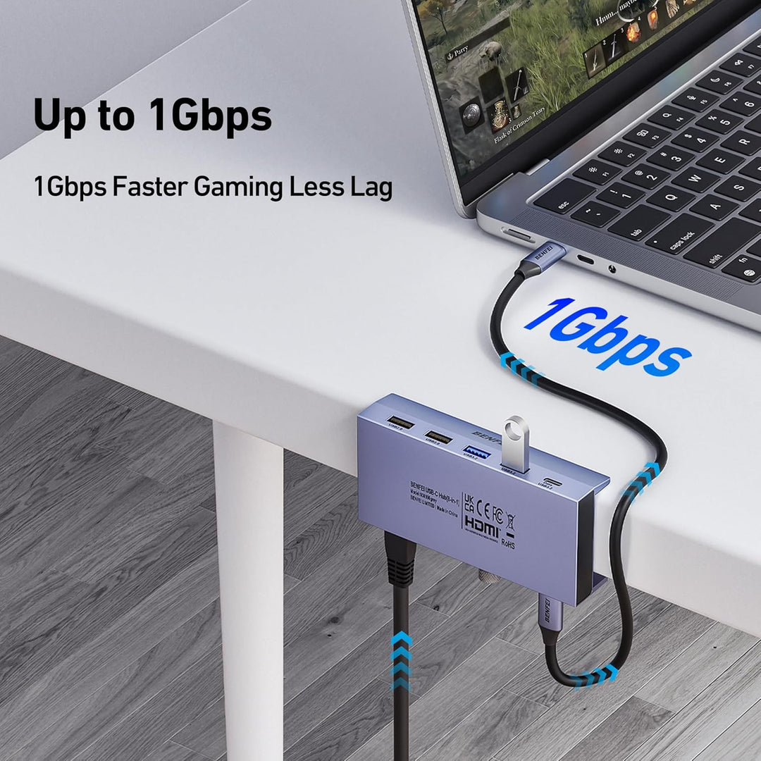 BENFEI 8-in-1 USB C Hub mit sicherer Klemmfunktion – Mit 4K@60Hz HDMI, Gigabit Ethernet, 100W PD, 10
