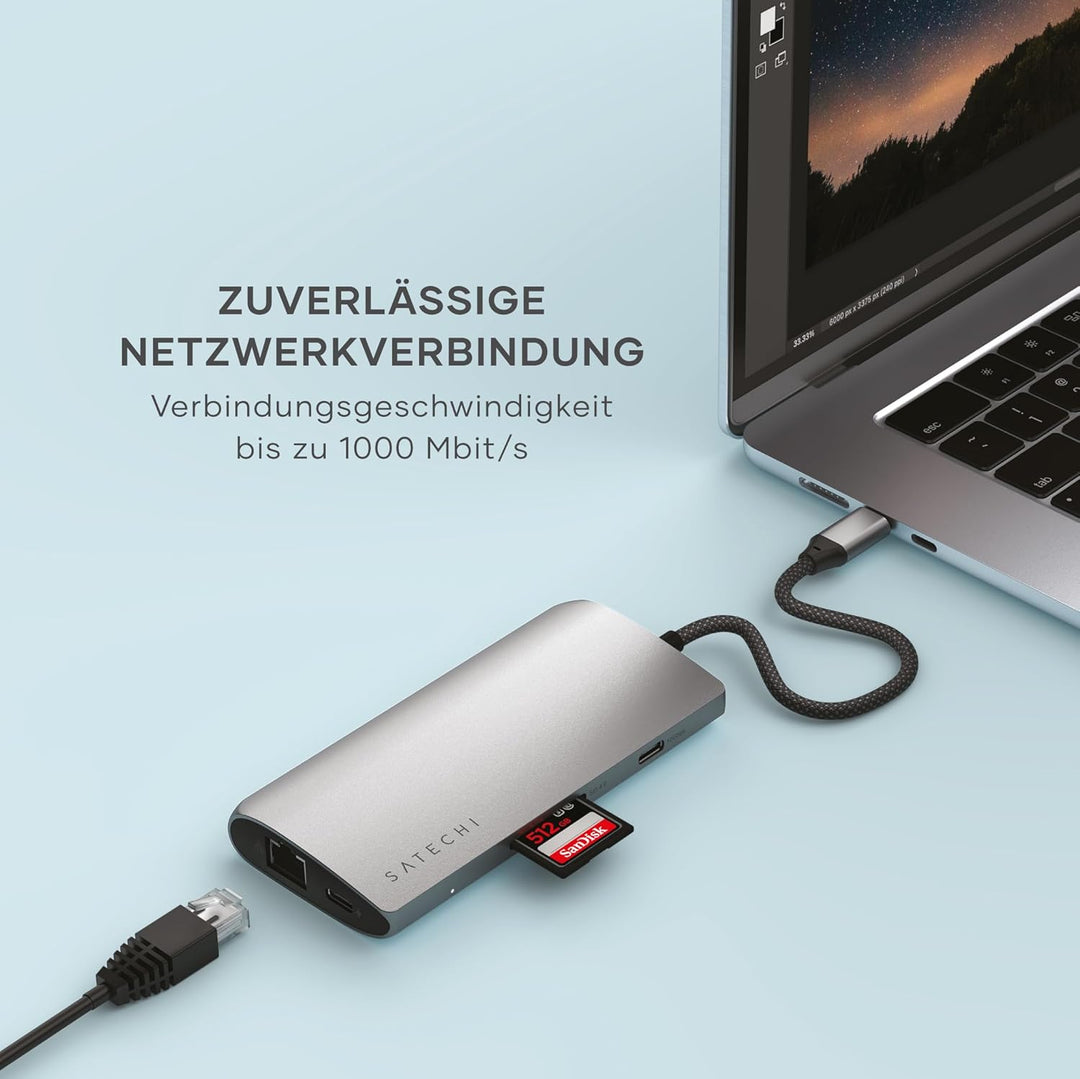 SATECHI 8-in-1 USB-C-Hub mit Ethernet, HDMI 8K@30Hz, 85 W PD-Ladefunktion, 4 x USB-C 10 Gbit/s, Date