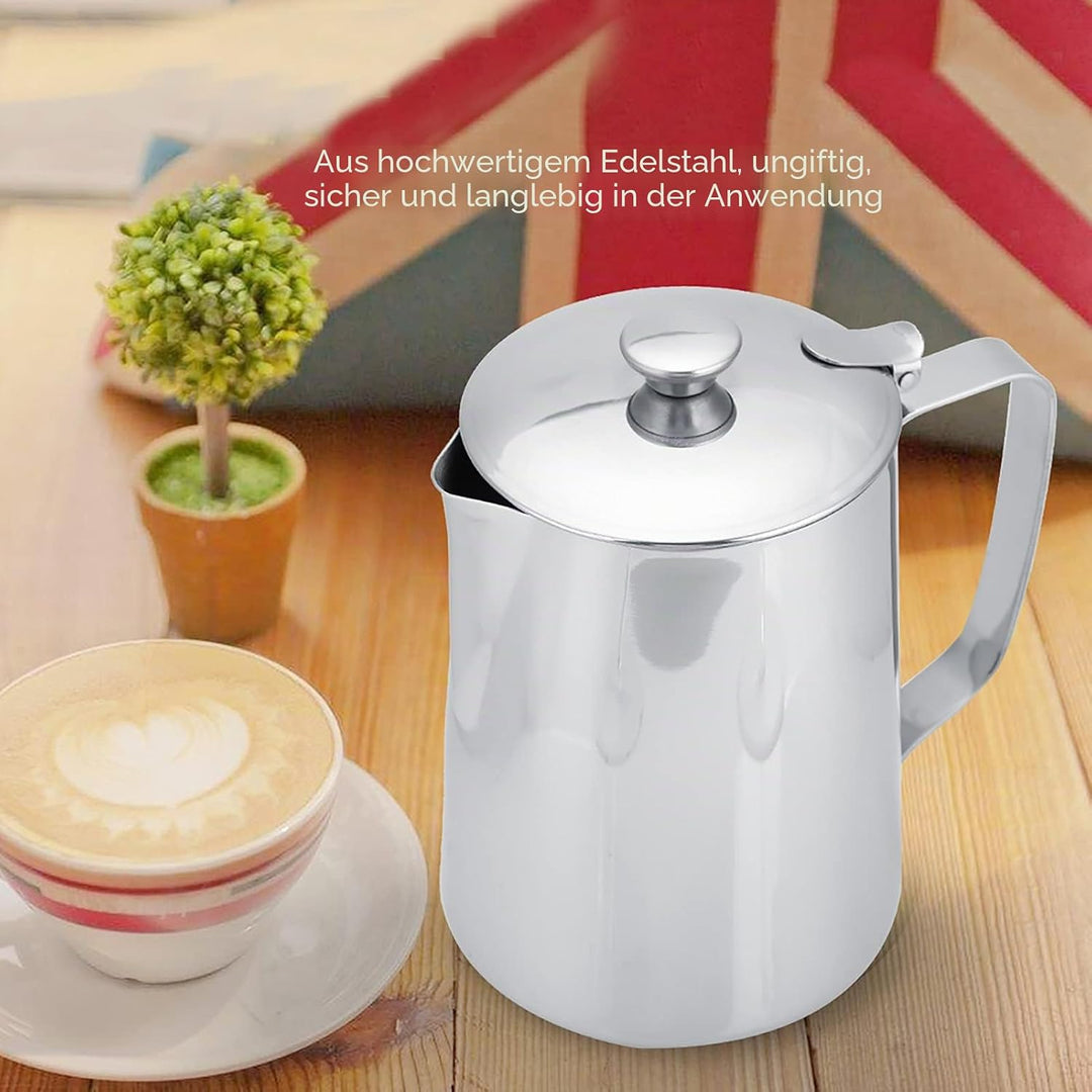 MAGT Milchkännchen mit Deckel, Edelstahl Milchkanne 600ml Kaffeekanne Edelstahl Milchschaumkännchen