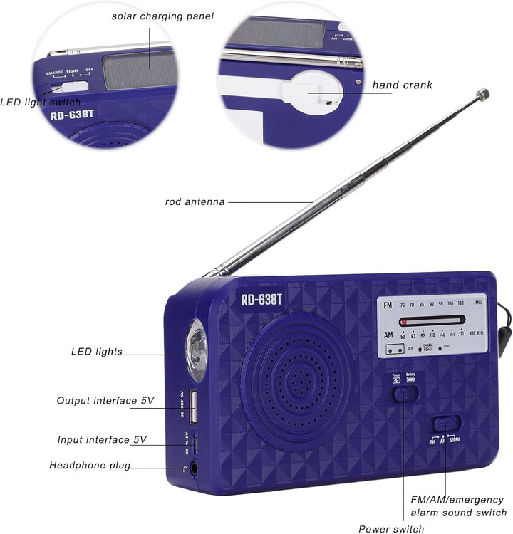 RD 638T Solar Hand Crank Notio -Radio, AM FM Small Weather Radios, Tragbares Überlebensradio mit LED