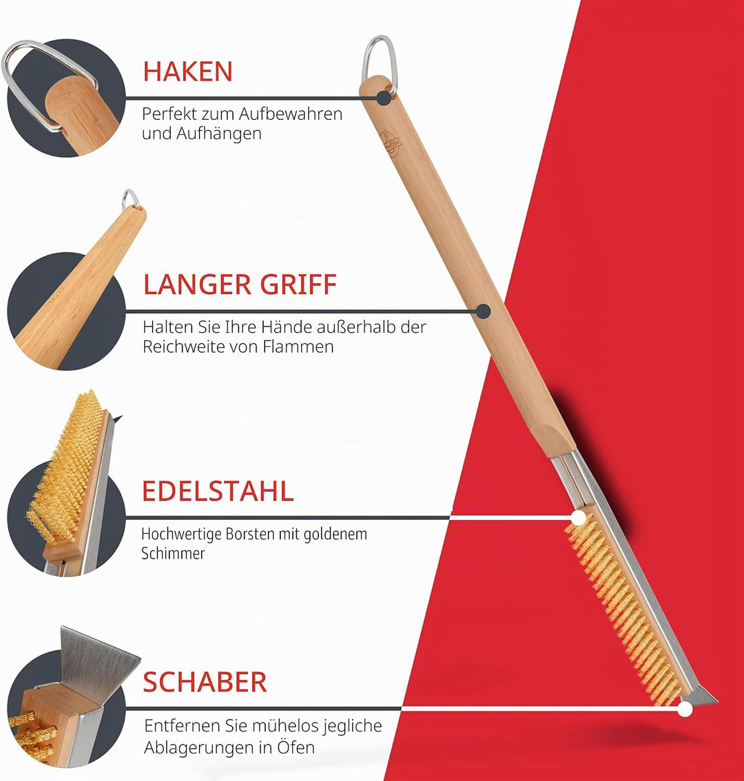 Pizzaofenbürste 55 cm mit Schaber – Reinigungsbürste mit Edelstahlborsten für Pizzaofen & Pizzastein