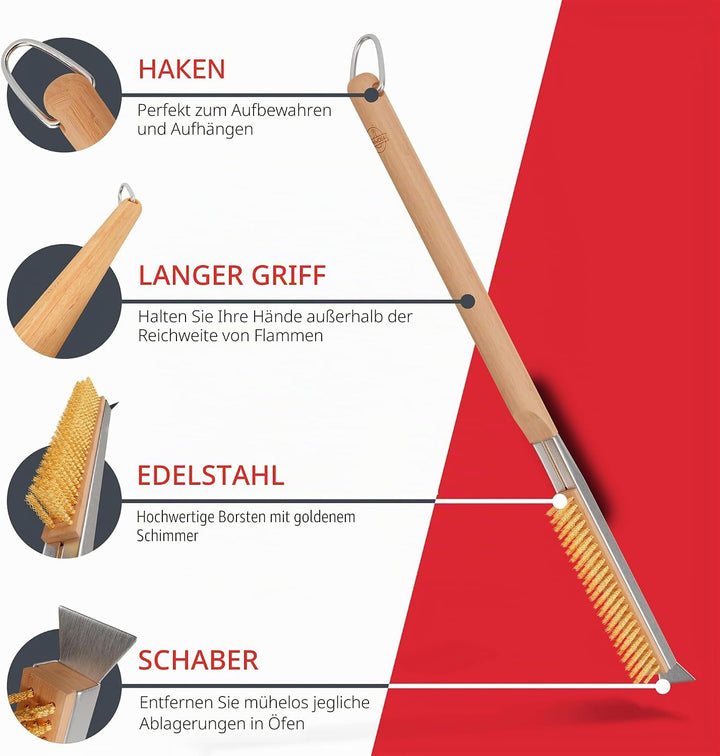 Pizzaofenbürste 55 cm mit Schaber – Reinigungsbürste mit Edelstahlborsten für Pizzaofen & Pizzastein