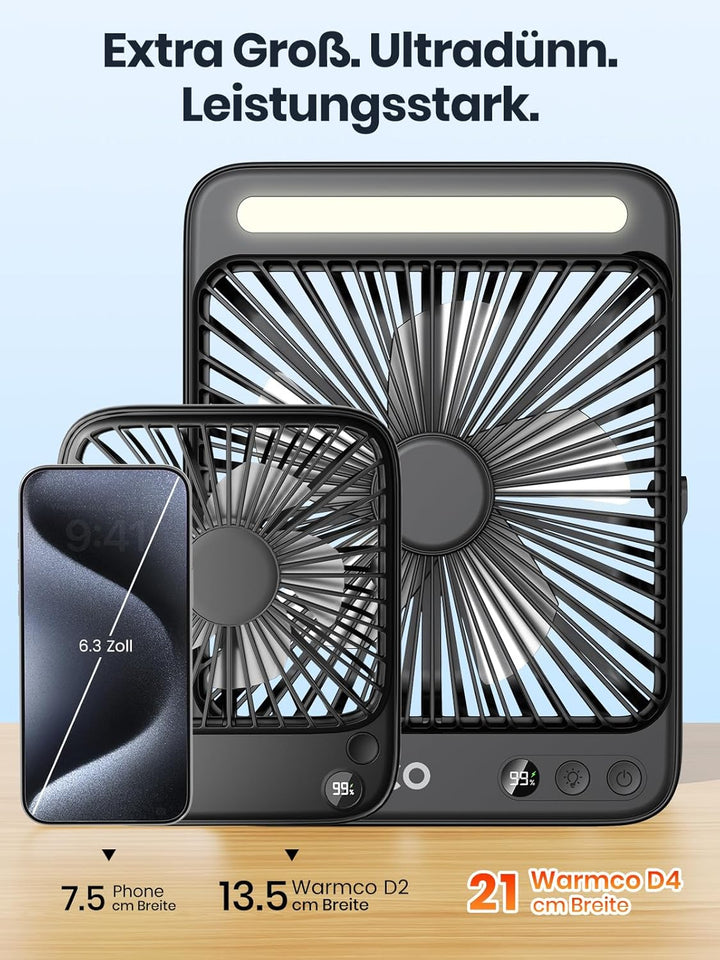 Warmco 20000mAh Tragbarer Camping Ventilator 27cm mit LED-Licht, Ultra-Leise, Dünn, Digitalanzeige,