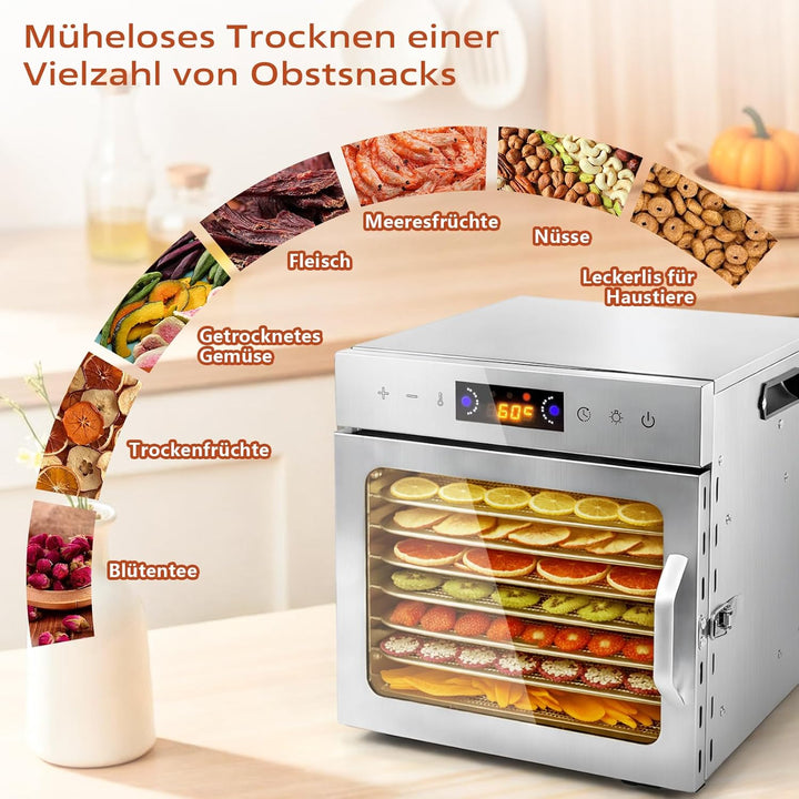 Dörrautomat Edelstahl mit 8 Stainless Steel Grids und 8 er Dörrfolie, BPA-frei, Einstellbare Tempera