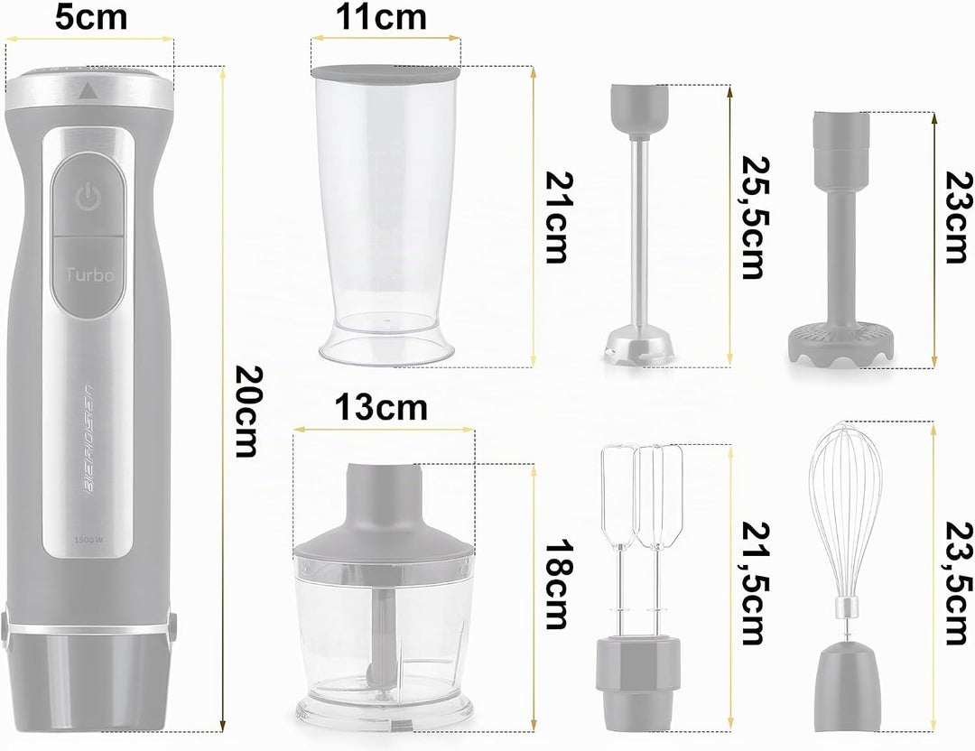 Berdsen Stabmixer Handmixer Pürierstab 1500W Multifunktional Mit Zubehör Turbo Funktion 800 ml Stahl