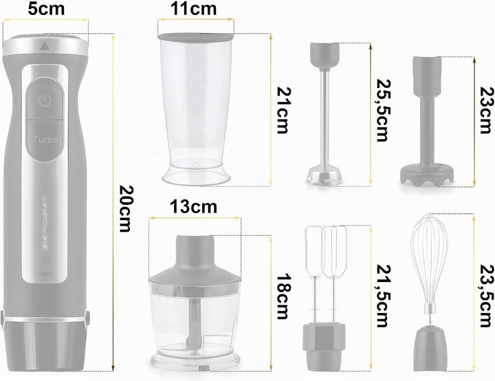 Berdsen Stabmixer Handmixer Pürierstab 1500W Multifunktional Mit Zubehör Turbo Funktion 800 ml Stahl