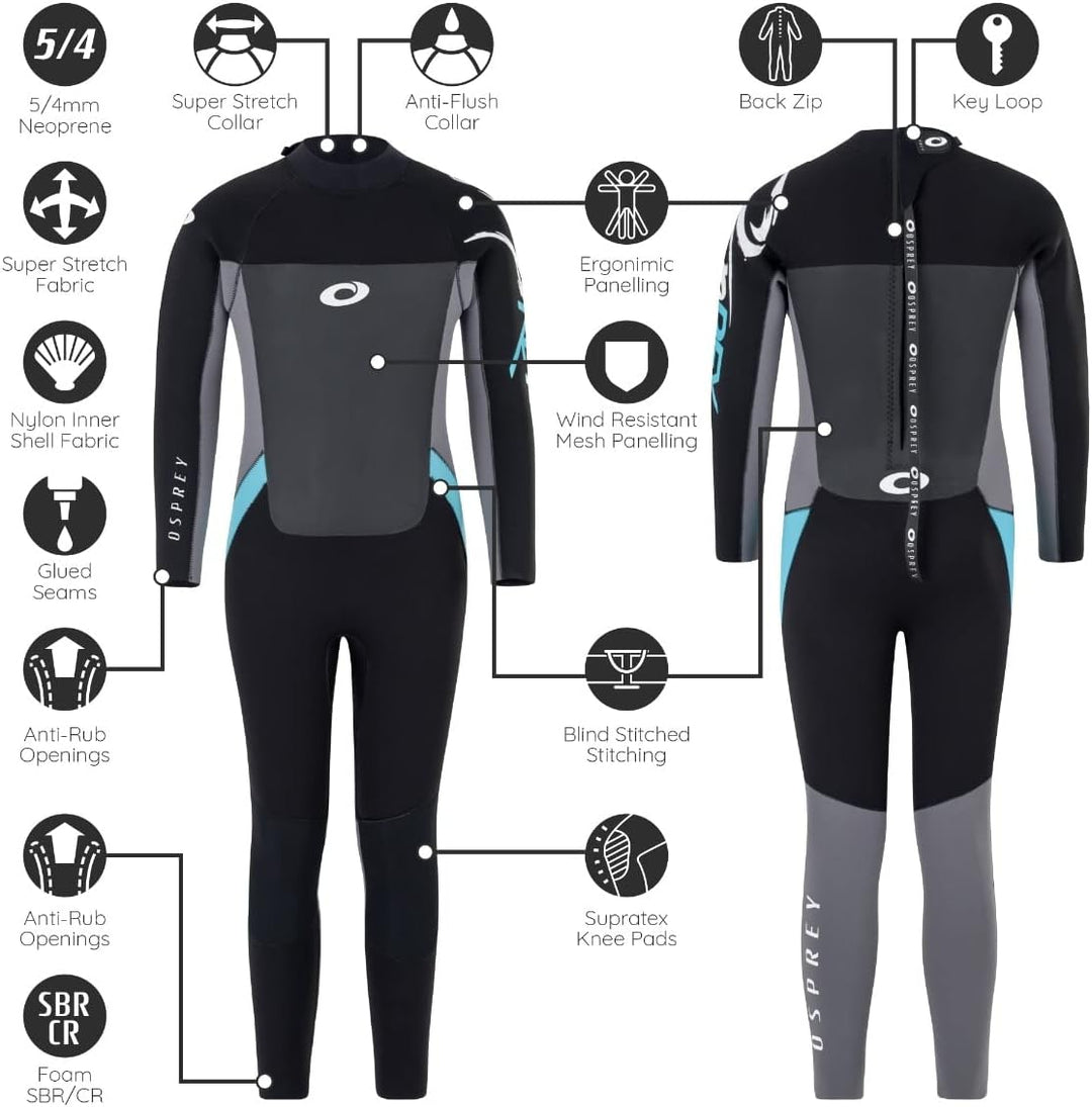 Osprey Damen Neoprenanzug 5 mm in voller Länge für den Winter, Neoprenanzug für Erwachsene, Surfen u