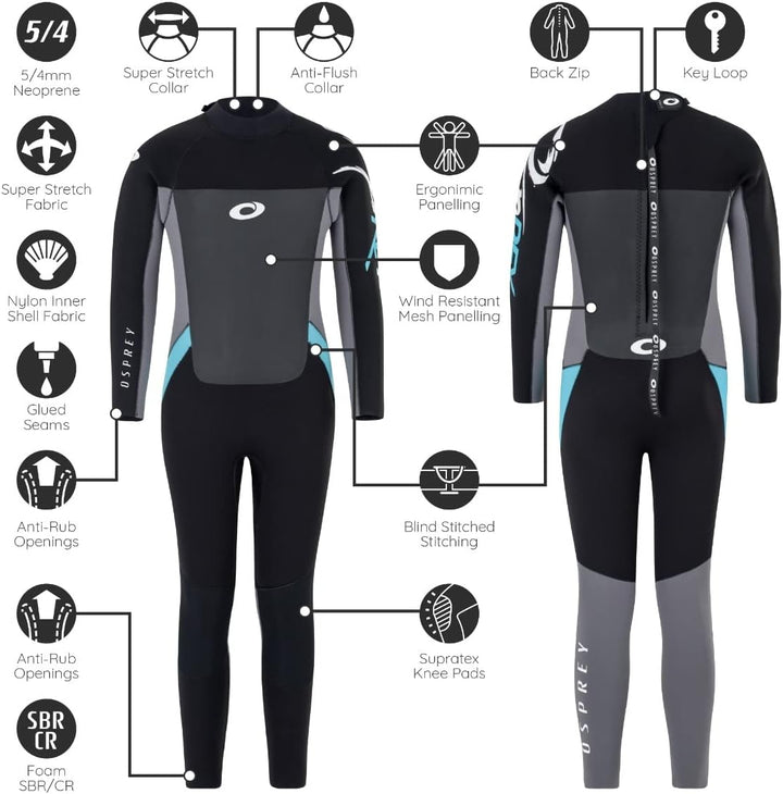 Osprey Damen Neoprenanzug 5 mm in voller Länge für den Winter, Neoprenanzug für Erwachsene, Surfen u