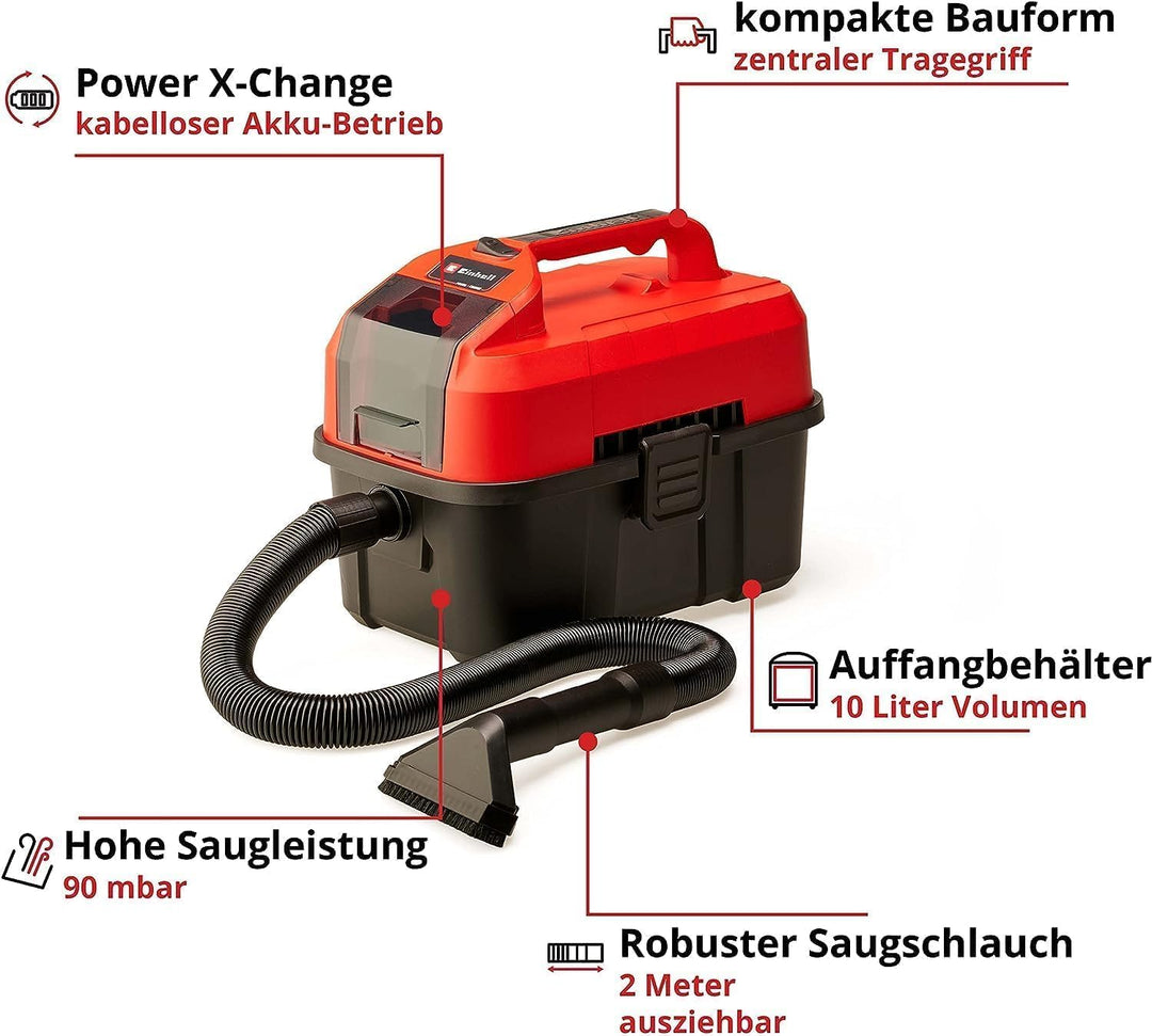 Einhell Akku-Nass-Trockensauger TE-VC 18/10 Li-Solo Power X-Change (10 Liter Tank, inkl. 2 m-Schlauc