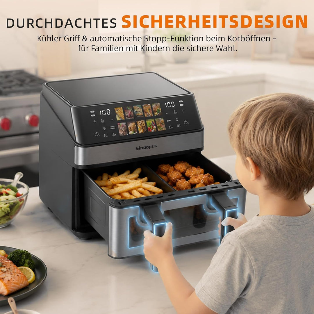 Air Fryer 9L 2000 W, Heissluftfritteuse 2 Kammern mit kühlem Griff | Digitaler Touchscreen, Sichtfen