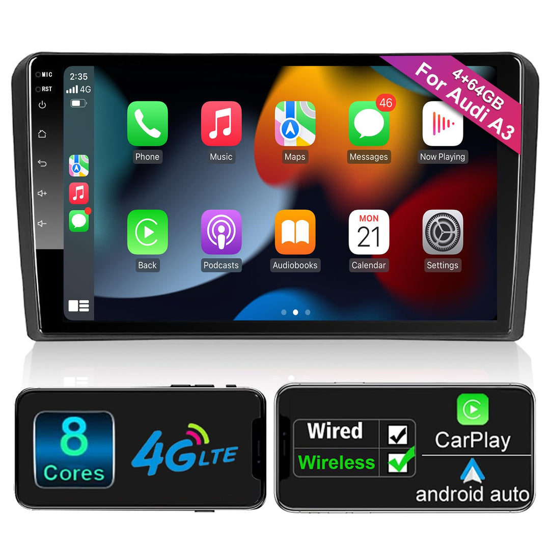 Android Autoradio mit Navi Bildschirm Carplay Android Auto für Audi A3 S3 RS3 2003-2012,9 Zoll 4GB+6