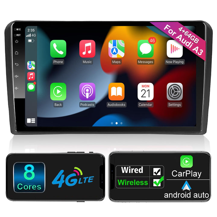 Android Autoradio mit Navi Bildschirm Carplay Android Auto für Audi A3 S3 RS3 2003-2012,9 Zoll 4GB+6