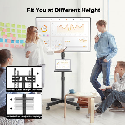BONTEC Mobiler TV Ständer auf Rollen, Neigbar, Höhenverstellbarer Rollbarer TV Wagen mit Medienablag