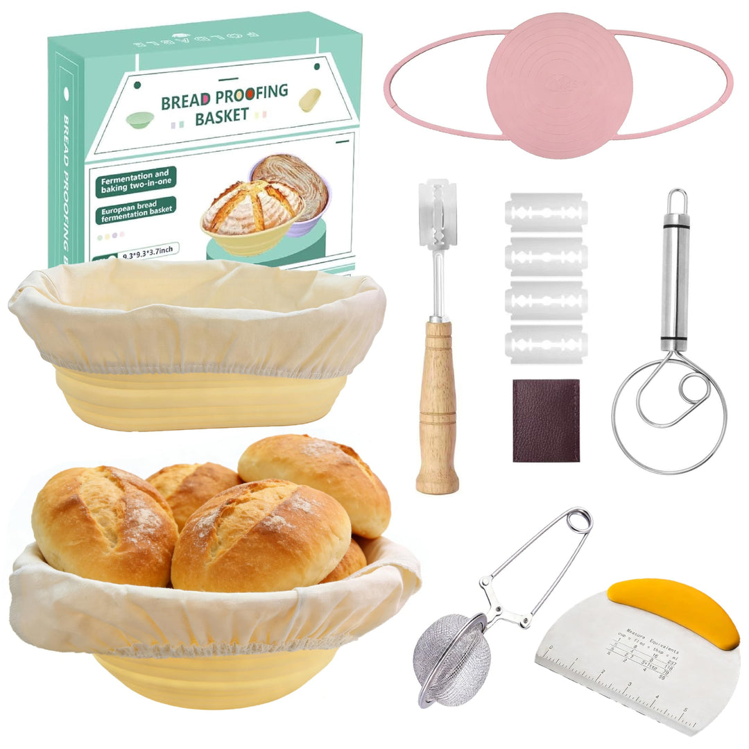 Silikon Brot Gärkorb Set (23cm rund & 25cm oval) – Sauerteig-Gärkorb Inkl. Teigschaber, Rostmesser &