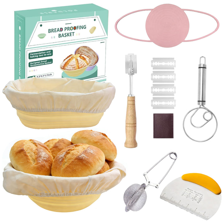 Silikon Brot Gärkorb Set (23cm rund & 25cm oval) – Sauerteig-Gärkorb Inkl. Teigschaber, Rostmesser &