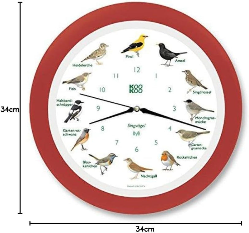 KOOKOO Singvögel Erdbeer-rot, Die Singende Vogeluhr, mit 12 heimischen Singvögeln und echten, natürl