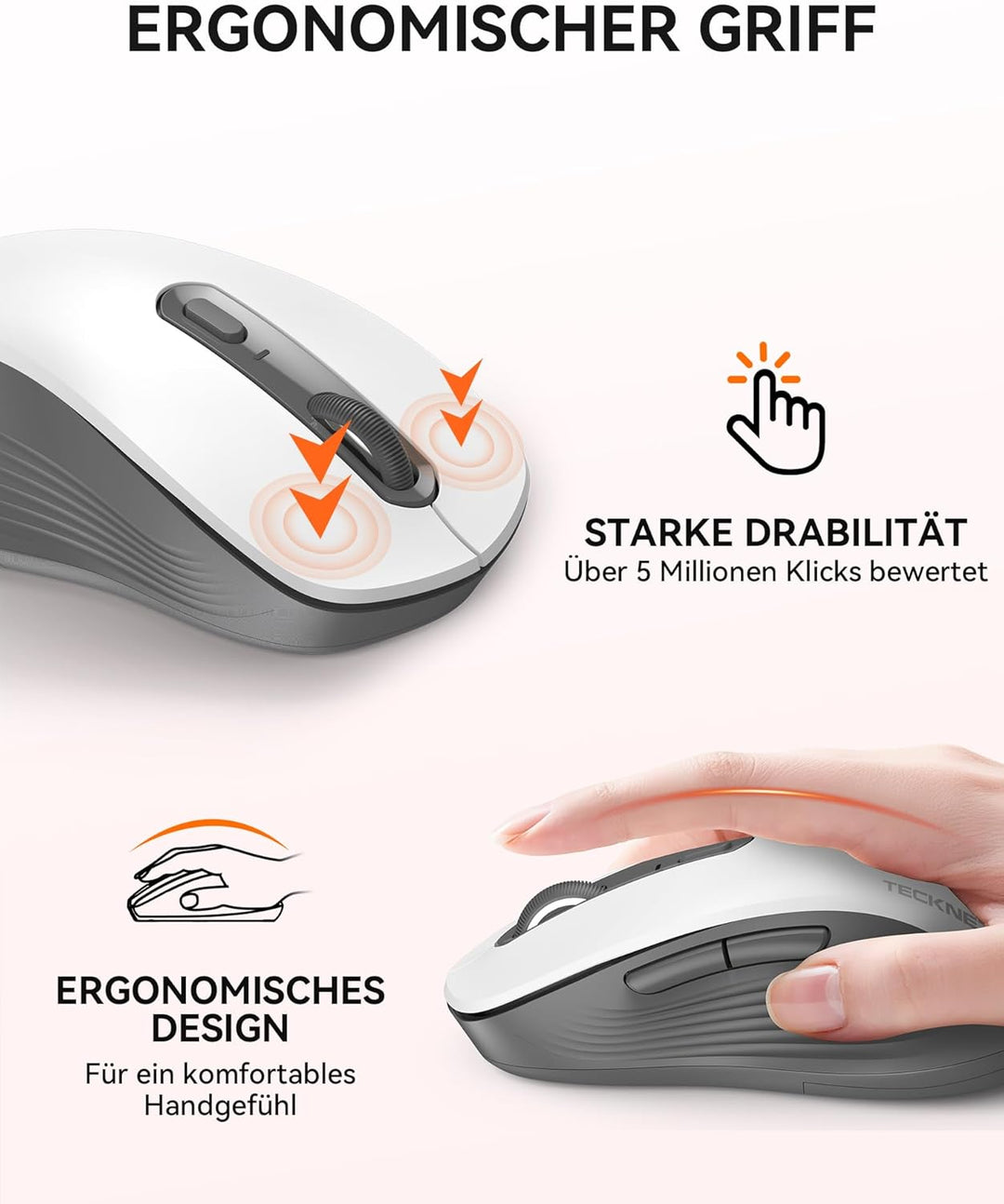 TECKNET Bluetooth Maus, Maus Kabellos (Tri-Modus: BT 5.0/3.0+2.4G) 4800 DPI Leise Mouse, Funkmaus mi