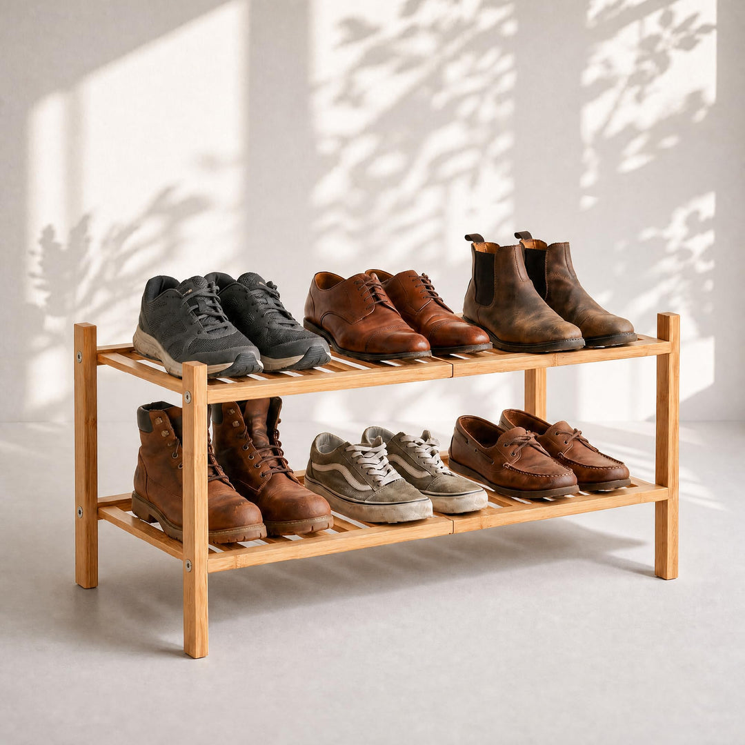 Schuhregal aus Bambus, Schuhablage mit 2 Ebenen, 68 x 28 x 32 cm, Erweiterbar Stapelbar, Schuhschran