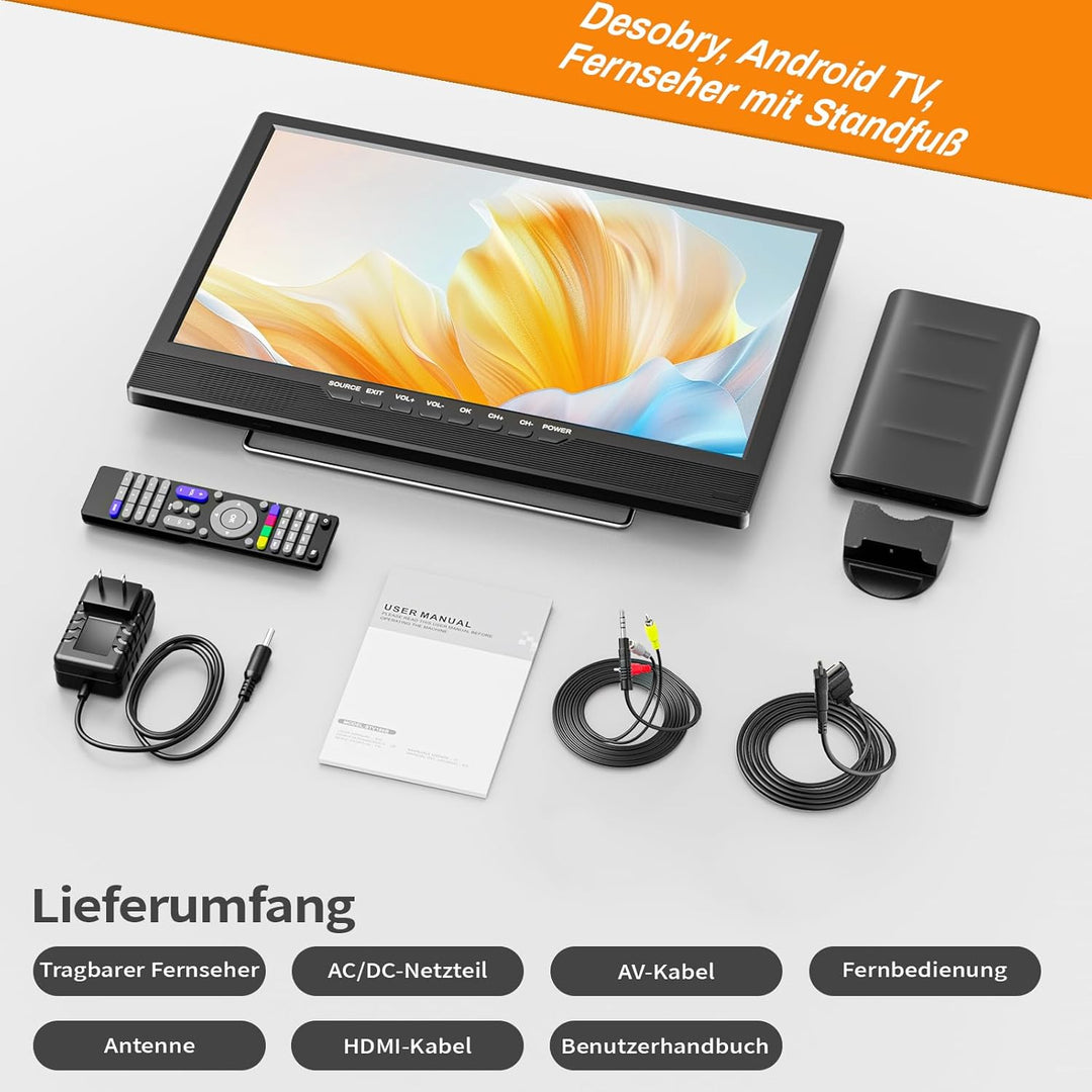DESOBRY 18 Zoll Smart TV Android, Kleiner Fernseher DVB-T2-Tuner und, 1080p Tragbarer Outdoor Fernse