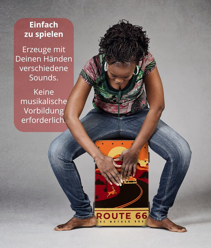 XDrum Design Series Cajon “Route 66” Set - Designer-Cajon mit Vintage-Aufdruck - Integrierter Bass P