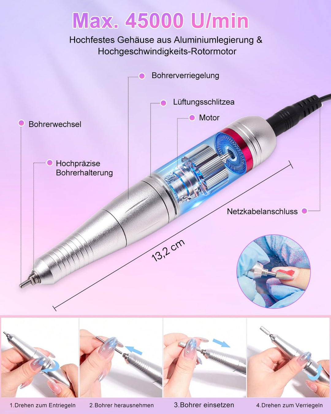 CozyZen Elektrische Nagelfräser Professional: 45000 U/min Nagelpflege-Kit mit LCD-Display, Hand- & F